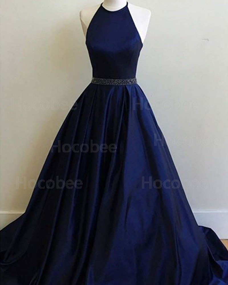 Halter Navy Blue Satin Long Formal Dress with Beading Belt PM1344