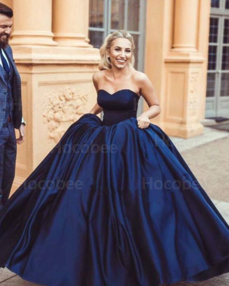 Simple Sweetheart Navy Blue Satin Evening Gown PM1351