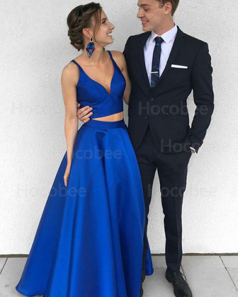 Simple Two Piece Deep V-neck Royal Blue Satin Prom Dress PM1360