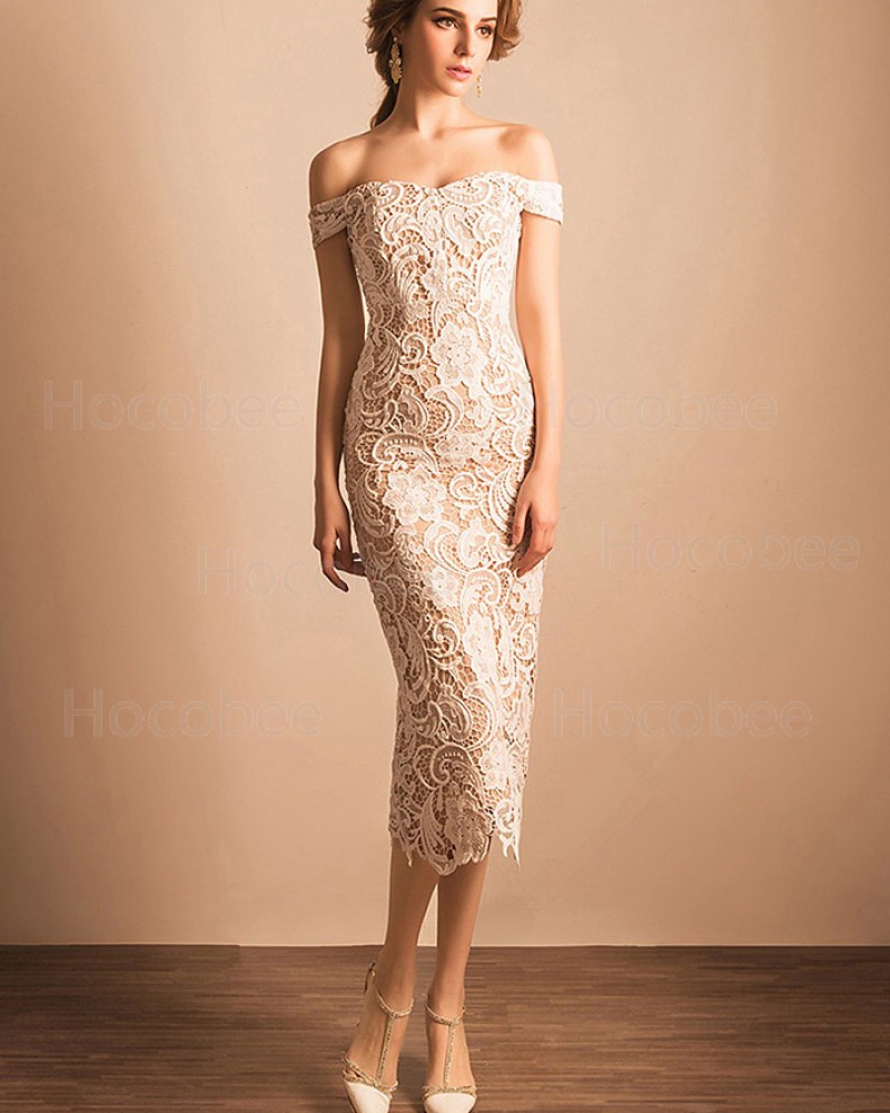 Off the Shoulder Ankle Length Ivory Lace Sheath Graduation Dress PM1361