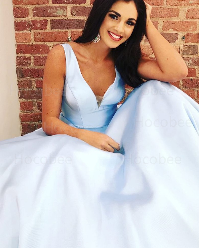 Simple Light Blue Satin Prom Dress with Pockets PM1369