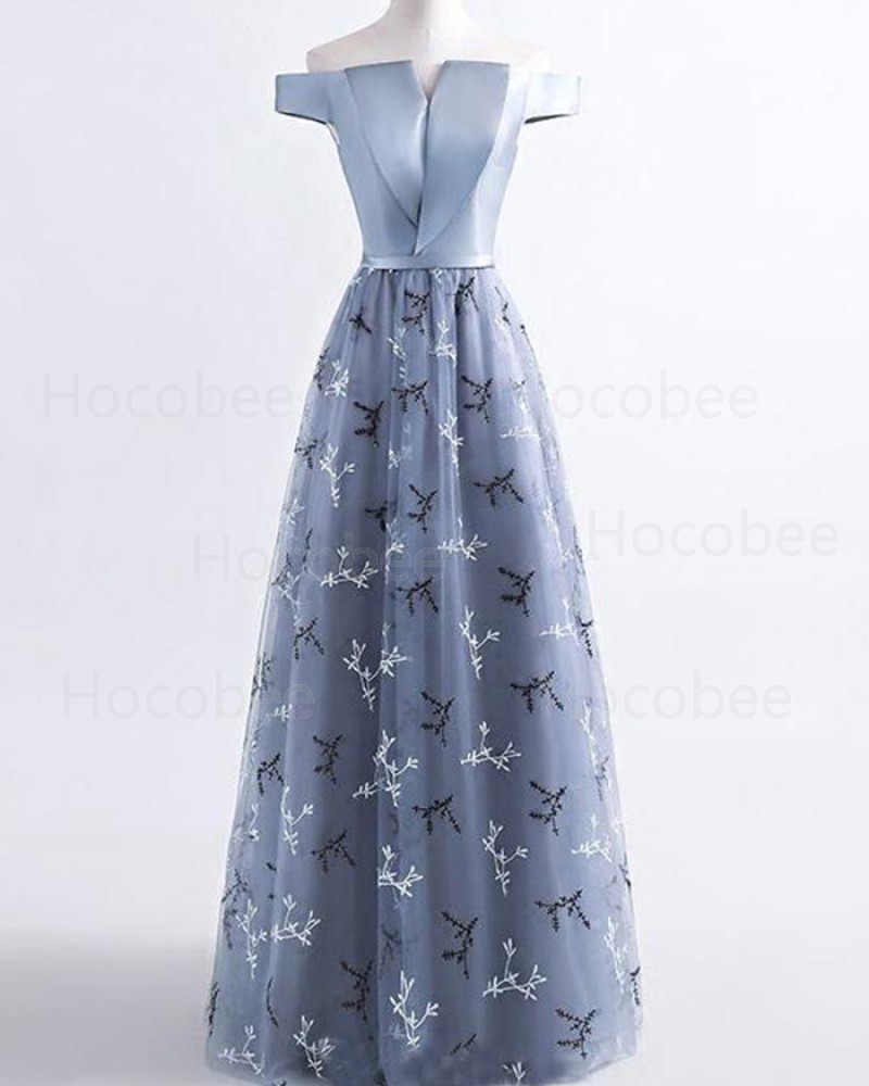Off the Shoulder Blue Lace Long Formal Dress PM1370
