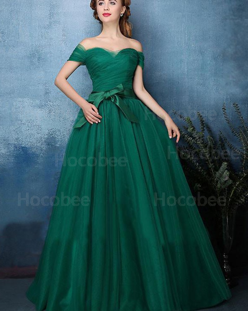 Off the Shoulder Green Ruched Tulle Long Formal Dress PM1393