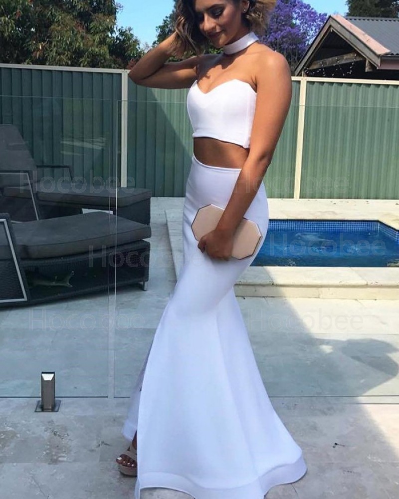 Sweetheart Two Piece Satin White Mermaid Prom Dress with Side Slit PM1396