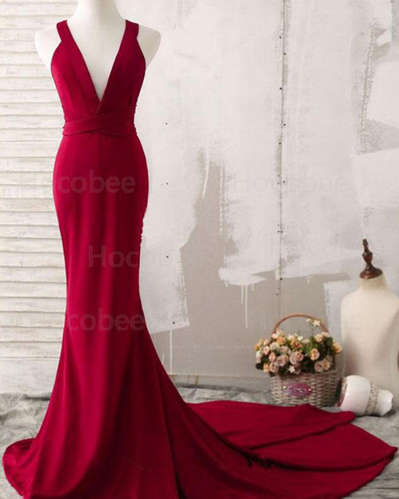 Simple Red Convertible Satin Mermaid Evening Dress PM1407