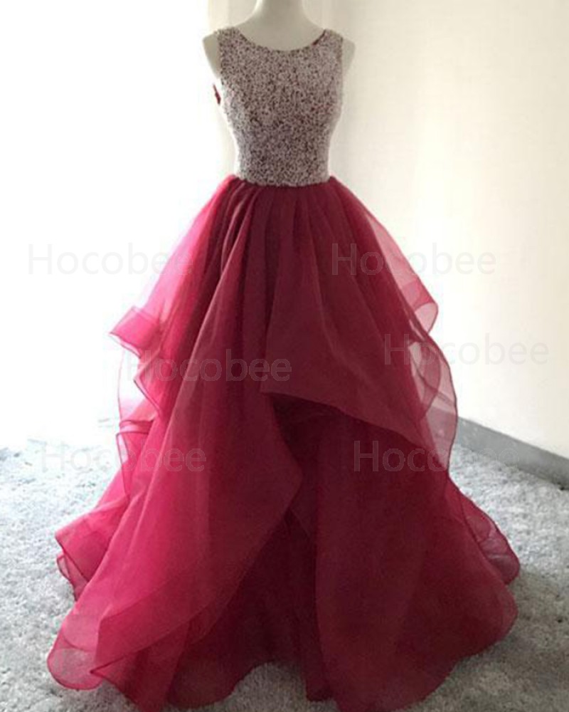 Burgundy Ruffled Beading Ball Gown Prom Dress PM1412