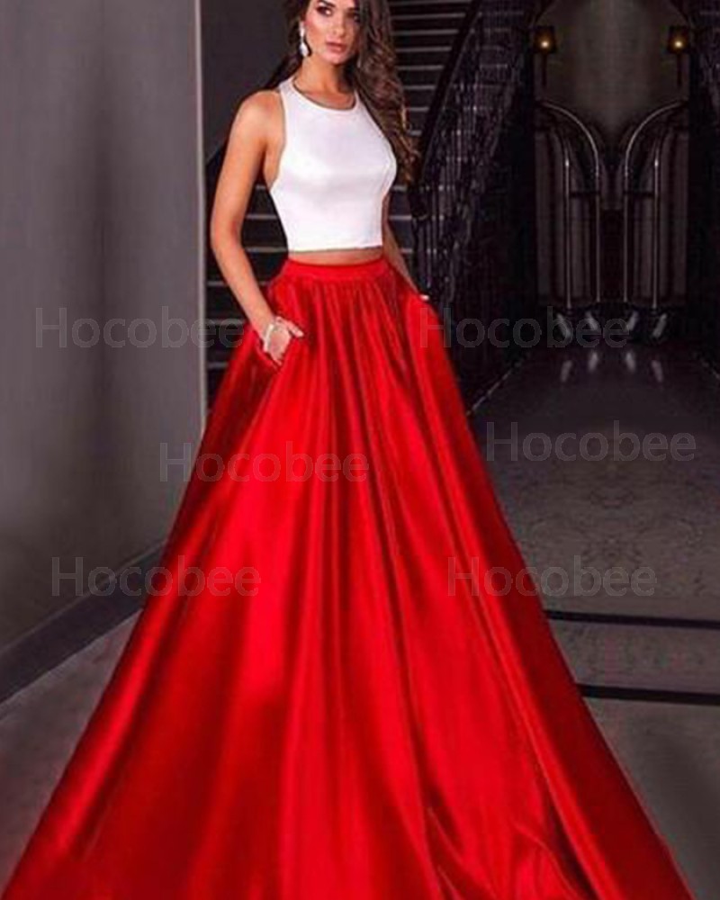 Simple Satin Halter Two Piece Prom Dress with Pockets PM1418