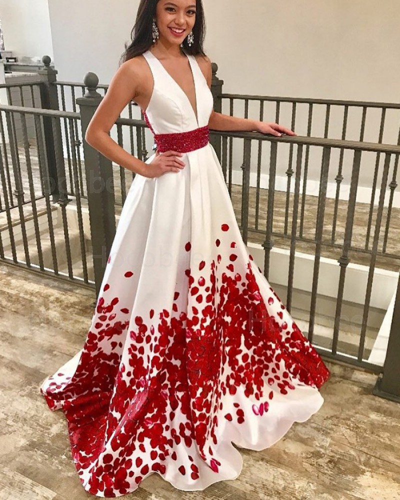 Satin Deep V-neck White & Red Prom Dress with Beading Belt PM1424