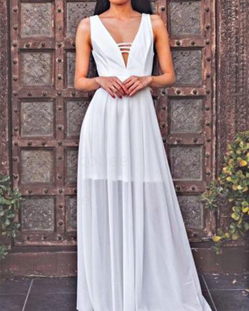 Deep V-neck Tulle Cutout White Pleated Prom Dress PM1426