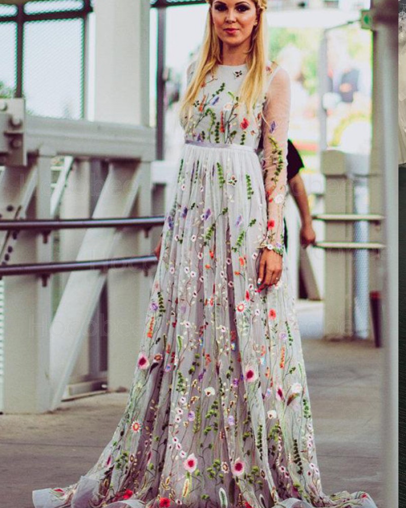 Jewel Floral Embroidery Pleated Prom Dress with Long Sleeves PM1427
