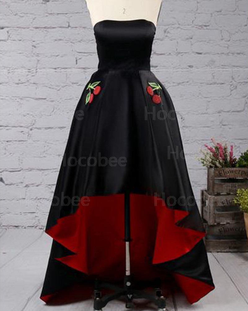 High Low Strapless Pleated Prom Dress with Appliqued Pockets PM1434