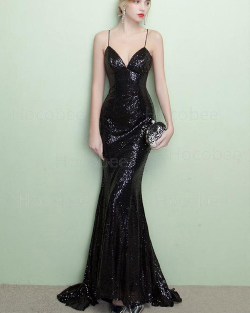 Spaghetti Straps Black Sequined Mermaid Evening Dress PM1436