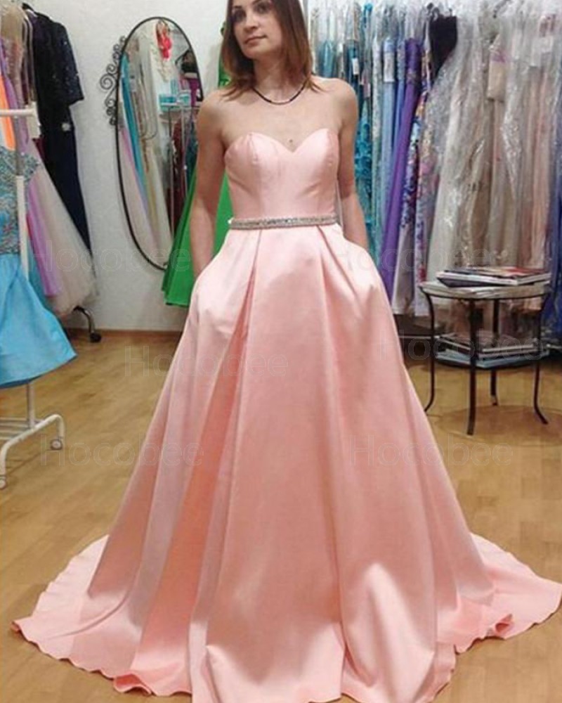 Sweetheart Pink Satin Prom Dress with Pockets PM1442