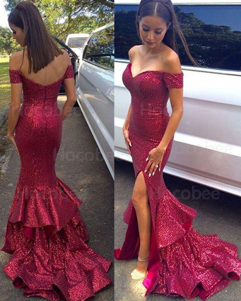 Red Mermaid Sequined Prom Dress with Side Slit PM1447