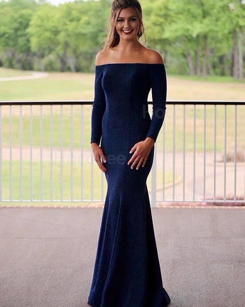 Simple Off the Shoulder Navy Blue Mermaid Formal Dress with Long Sleeves PM1819