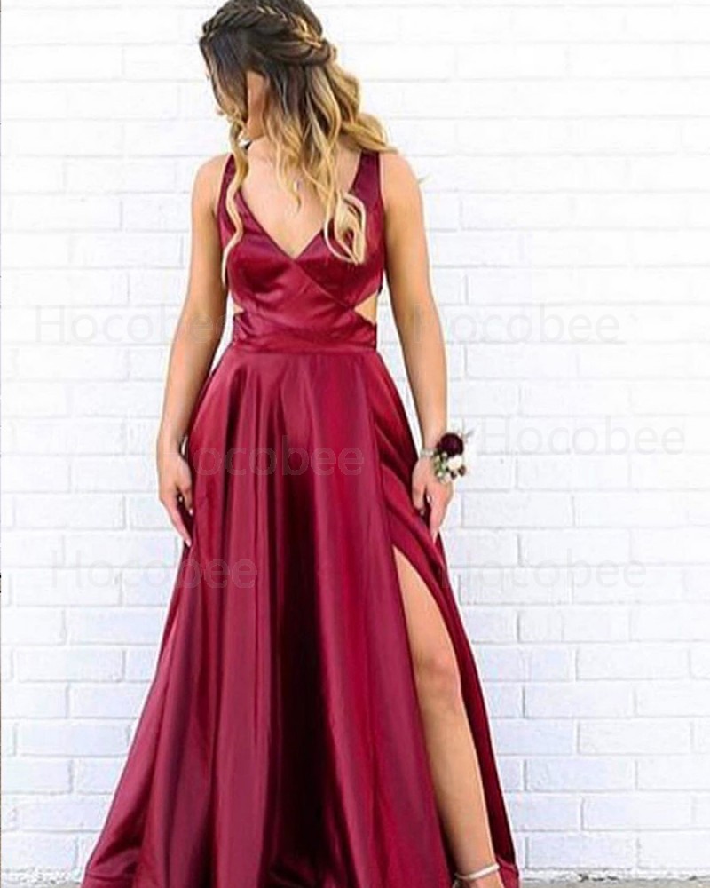 Simple Burgundy V-neck Cutout Satin Formal Dress with Side Slit PM1823