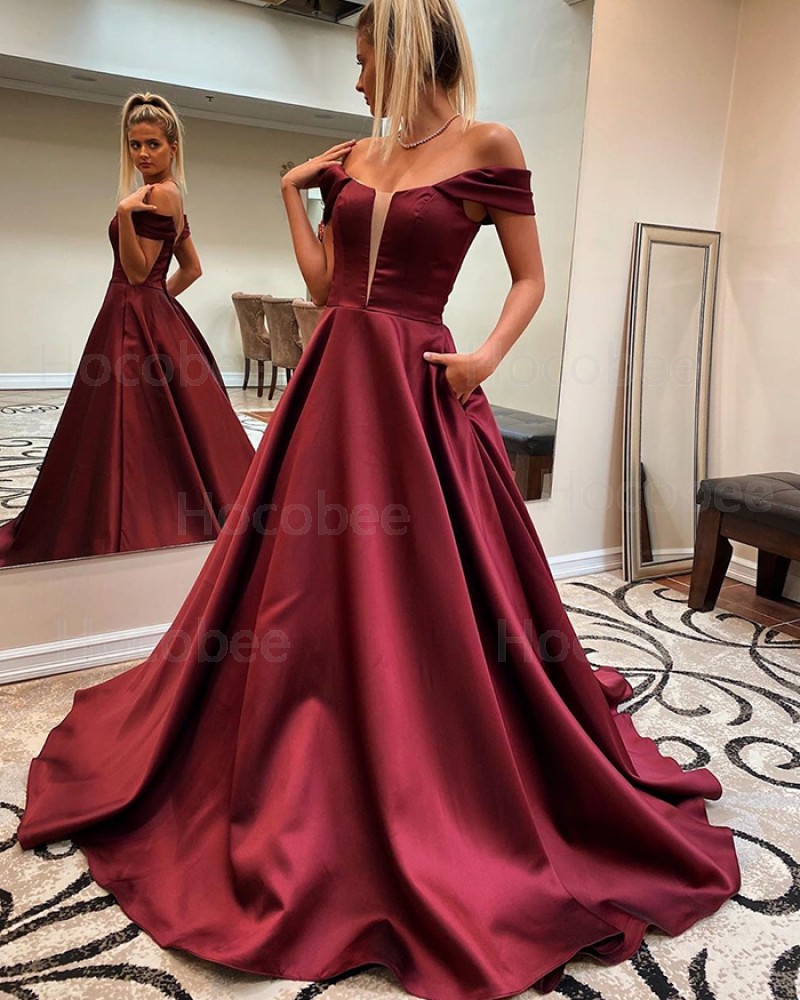 Burgundy V-neck Satin A-line Formal Dress with Pockets PM1829