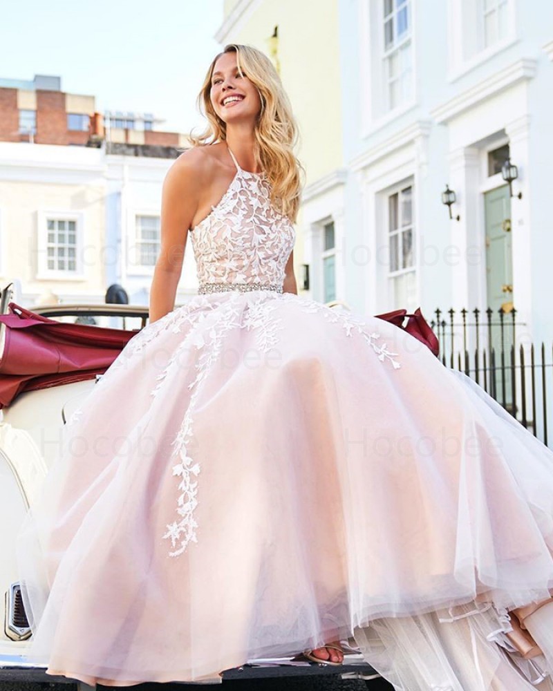 Lace Appliqued Halter Light Pink Tulle Formal Dress PM1836