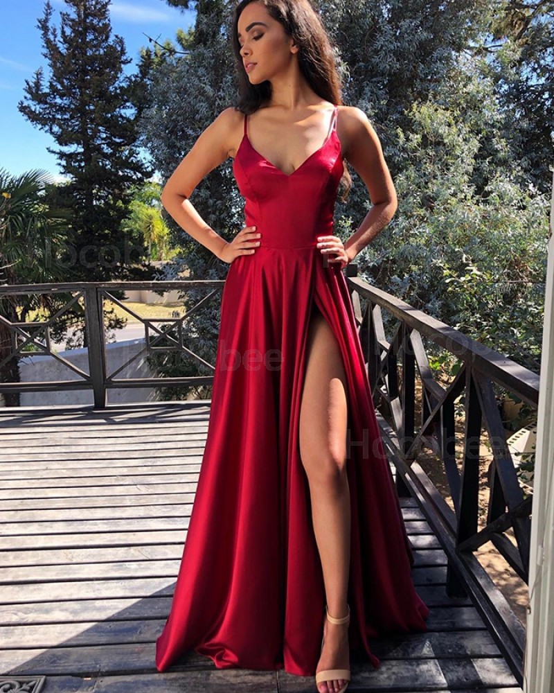Simple Red Spaghetti Straps Pleated Formal Dress with Side Slit PM1843