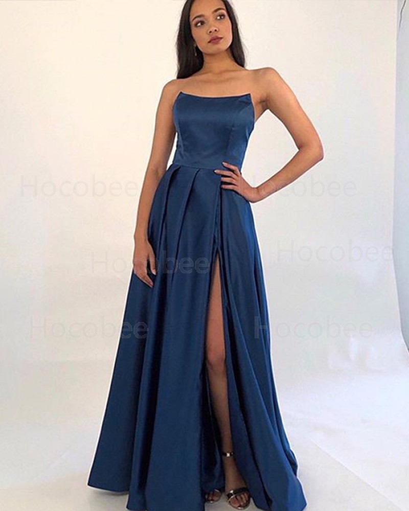 Simple Blue Strapless Pleated Slit Satin Formal Dress with Pockets PM1865