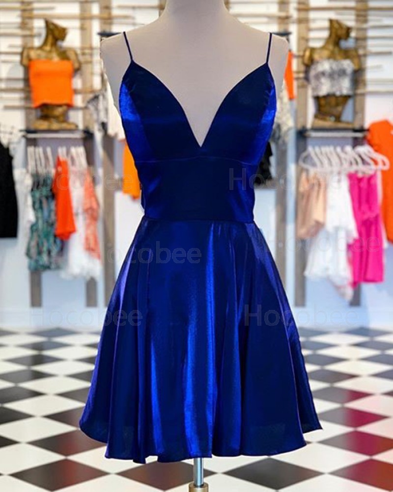 Velvet Spaghetti Straps Royal Blue Homecoming Dress with Pockets PM1876