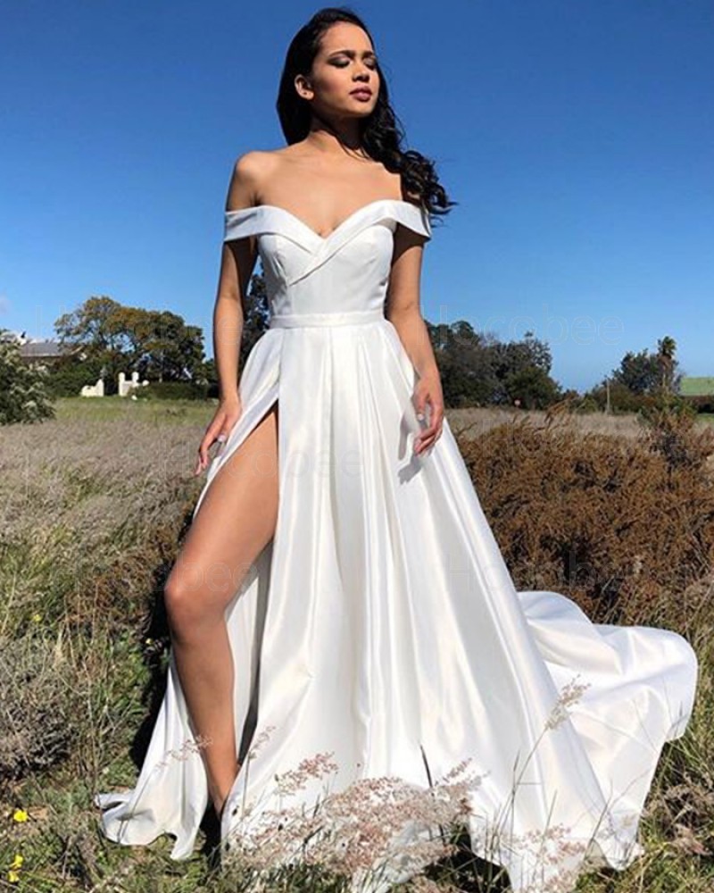 Simple White Off the Shoulder Satin Pleated Formal Dress with Side Slit PM1877