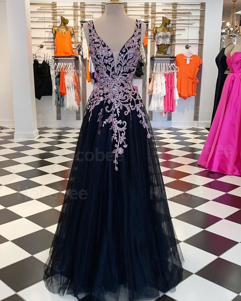 Purple & Black V-neck Lace Appliqued Formal Dress PM1886