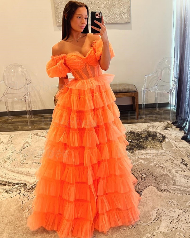 Tulle Off the Shoulder Orange Long Formal Dress with Layered Skirt PM2638