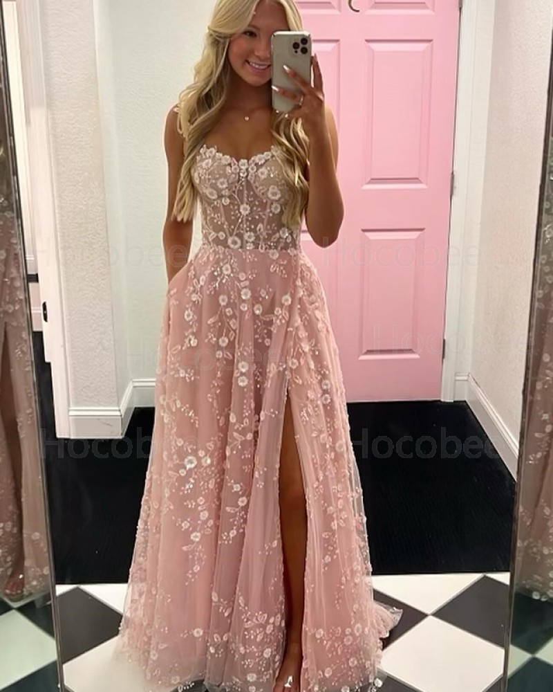 Lace Pearl Pink Spaghetti Straps Long Formal Dress with Side Slit PM2645