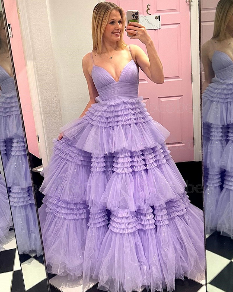 Tulle Lavender Ruffled Skirt Spaghetti Straps Long Formal Dress PM2649