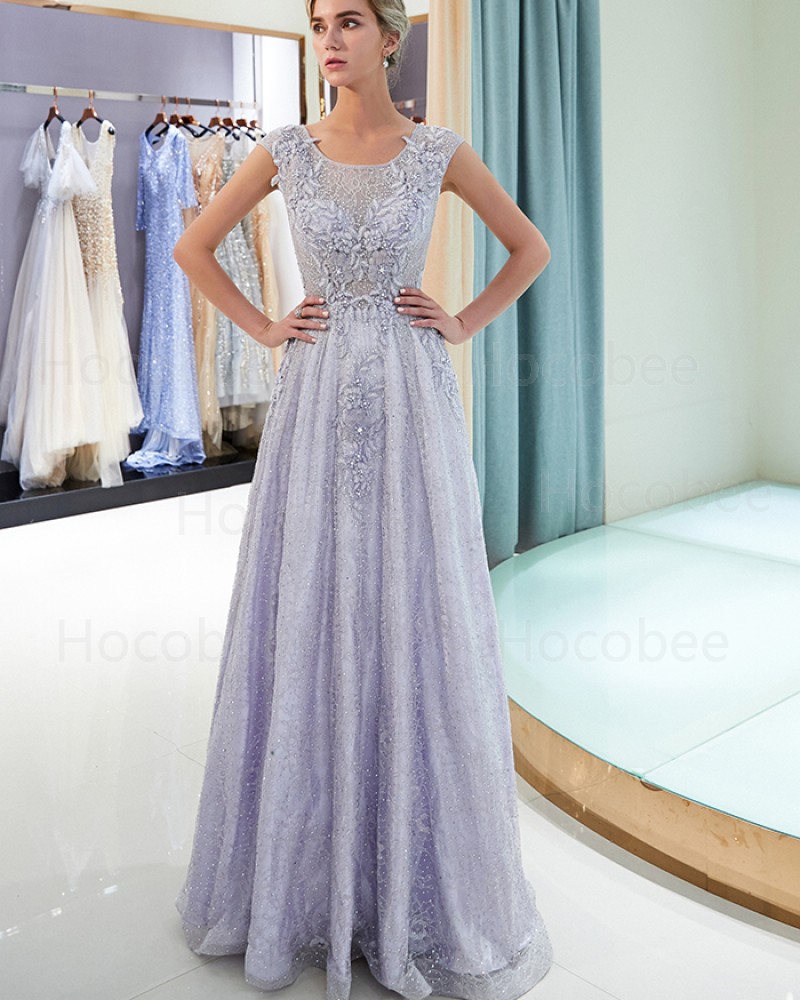 Scoop Neckline Lace Beading Sparkle Light Purple Evening Dress QD009