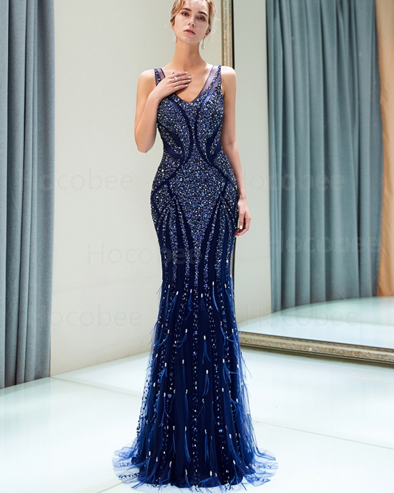 V-neck Sparkle Beading Royal Blue Mermaid Evening Dress QD013