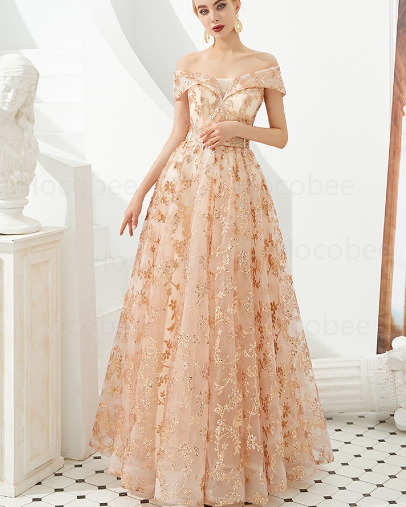 Off the Shoulder Pleated Sequin A-line Evening Dress