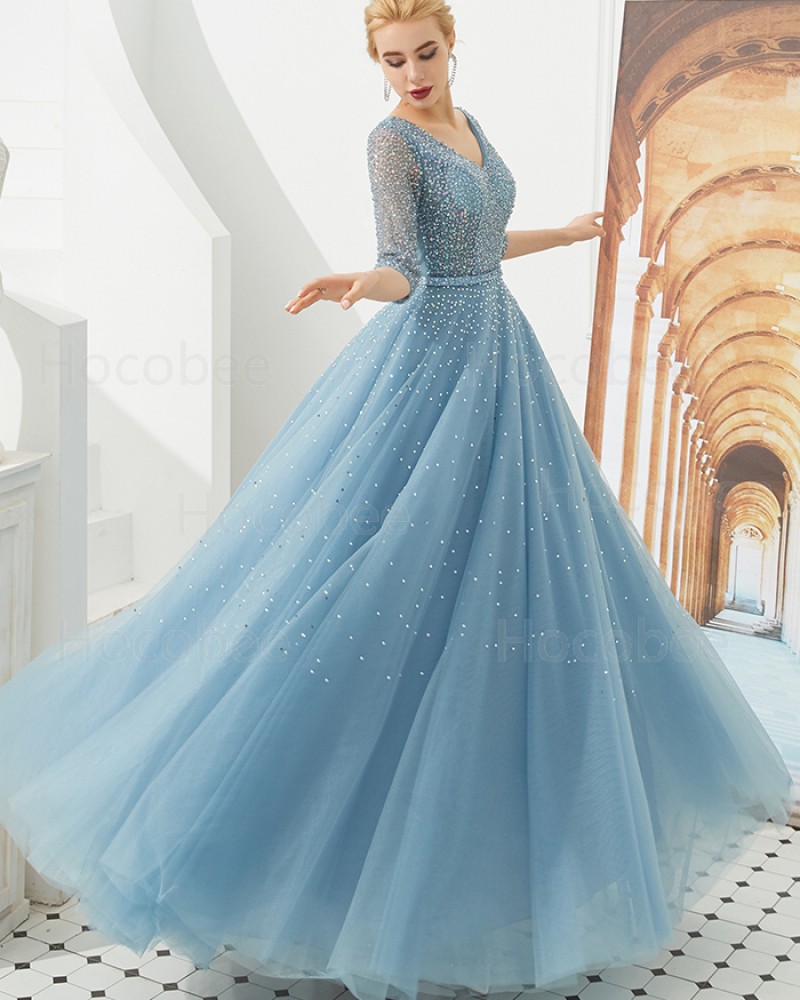Tulle Dusty Blue V-neck Beading Evening Dress with Half Length Sleeves