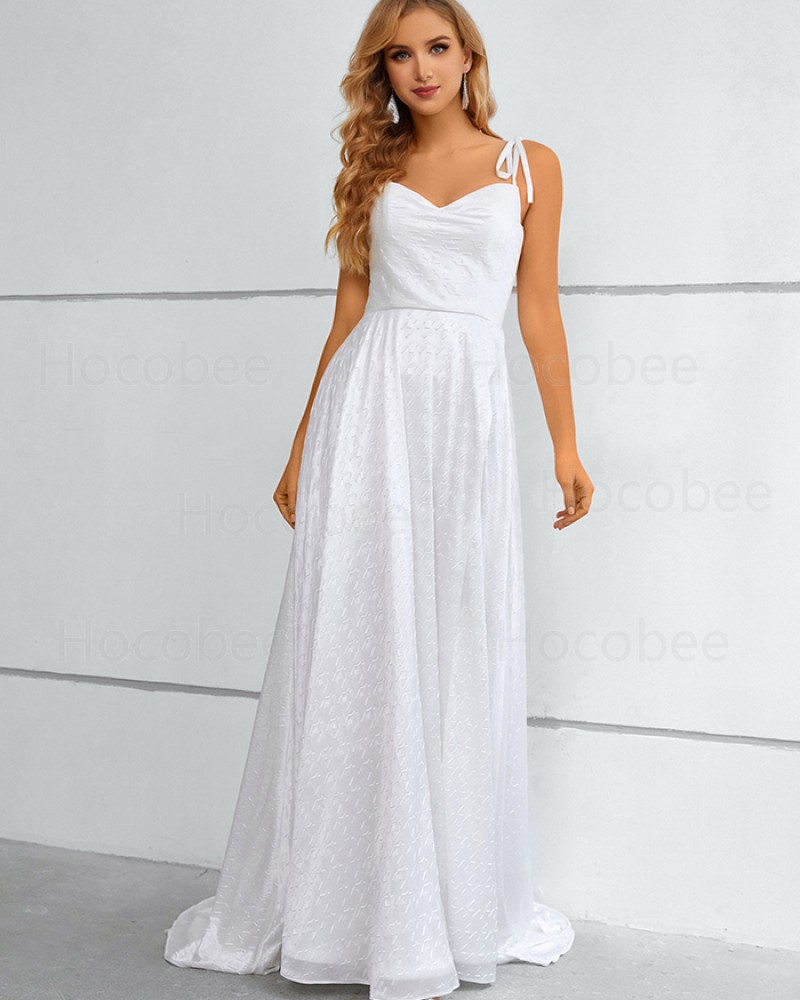 Spaghetti Straps White Flower Print A-line Formal Dress with Side Slit QD201104