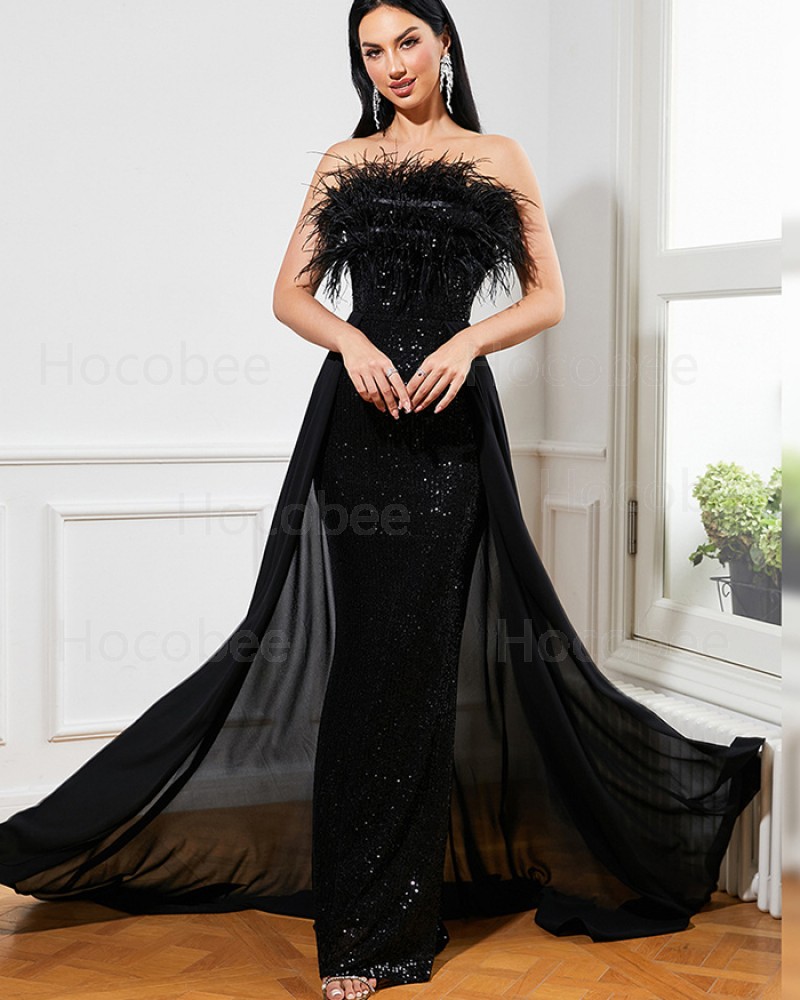 Sequin Strapless Mermaid Evening Dress with Feathers & Detachable Skirt RJ10034