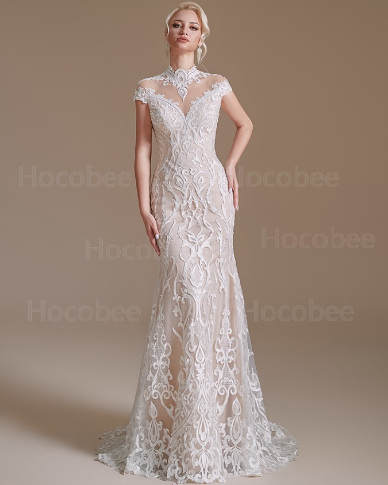 Ivory High Neck Mermaid Bridal Dress with Cap Sleeves SQWD2498