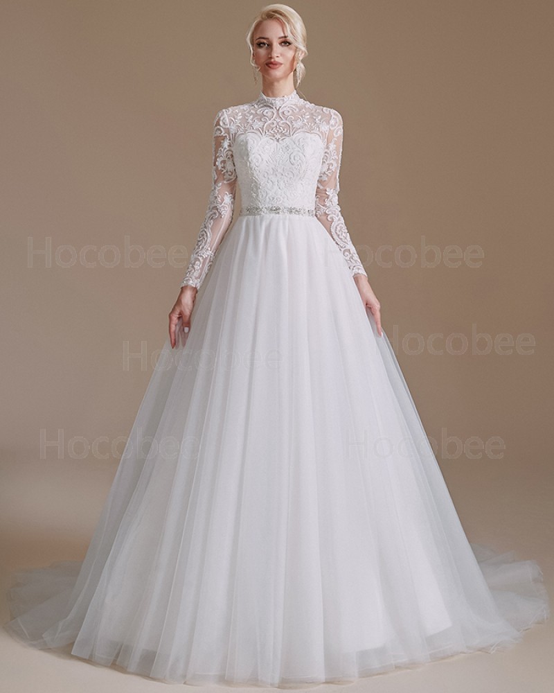 White Tulle High Neck Lace Bodice Bridal Dress with Long Sleeves SQWD2500