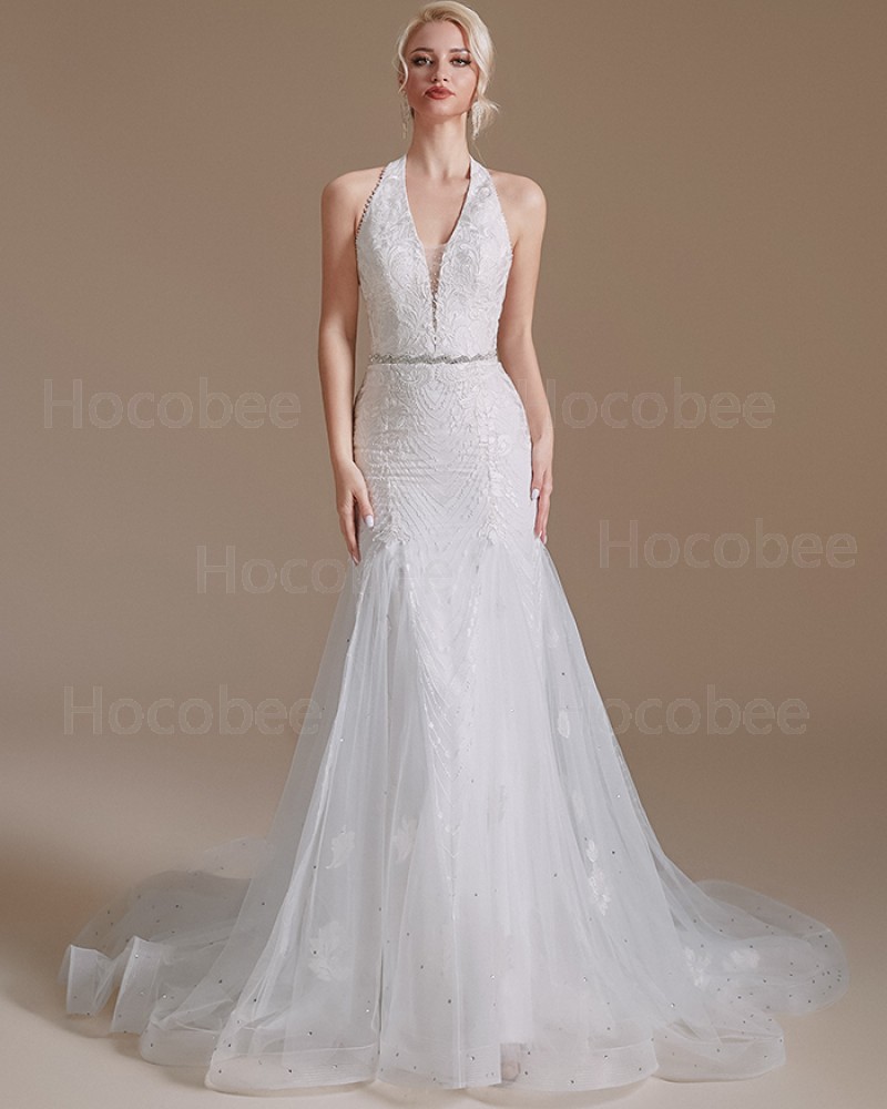White Beading Cold Shoulder Tulle Mermaid Bridal Dress SQWD2502