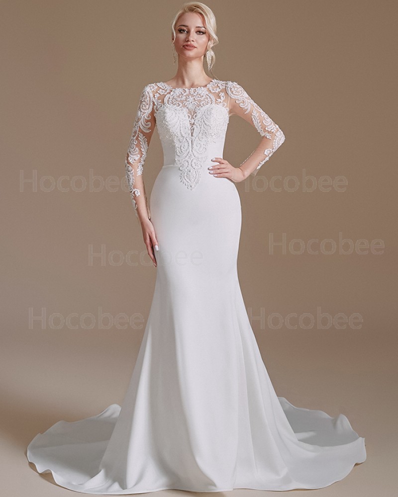 Lace Bodice Satin Jewel Neck White Bridal Dress with Long Sleeves SQWD2504