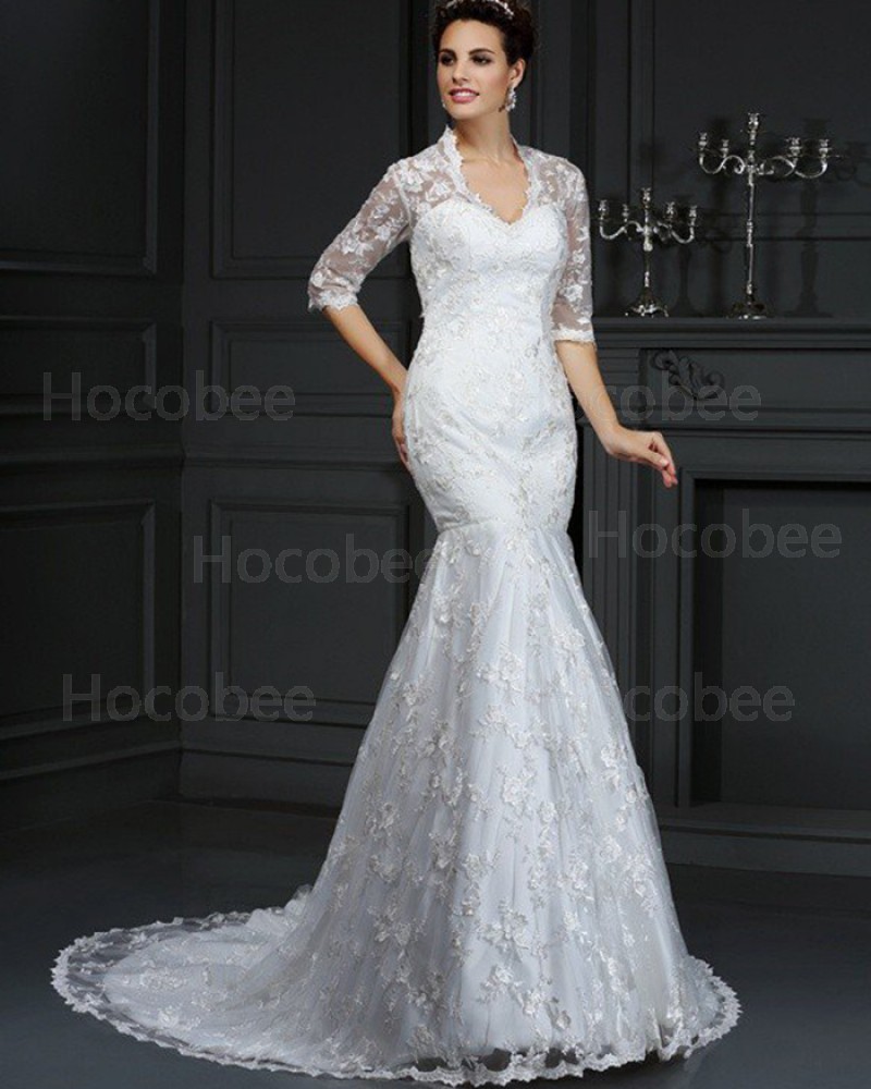 Ivory Queen Anne Lace Appliqued Mermaid Wedding Dress with Half Length Sleeves WD2003