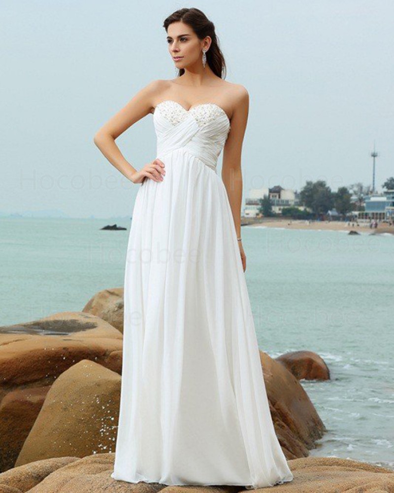 Chiffon Simple Ruched Sweetheart Beading Beach Wedding Dress WD2004