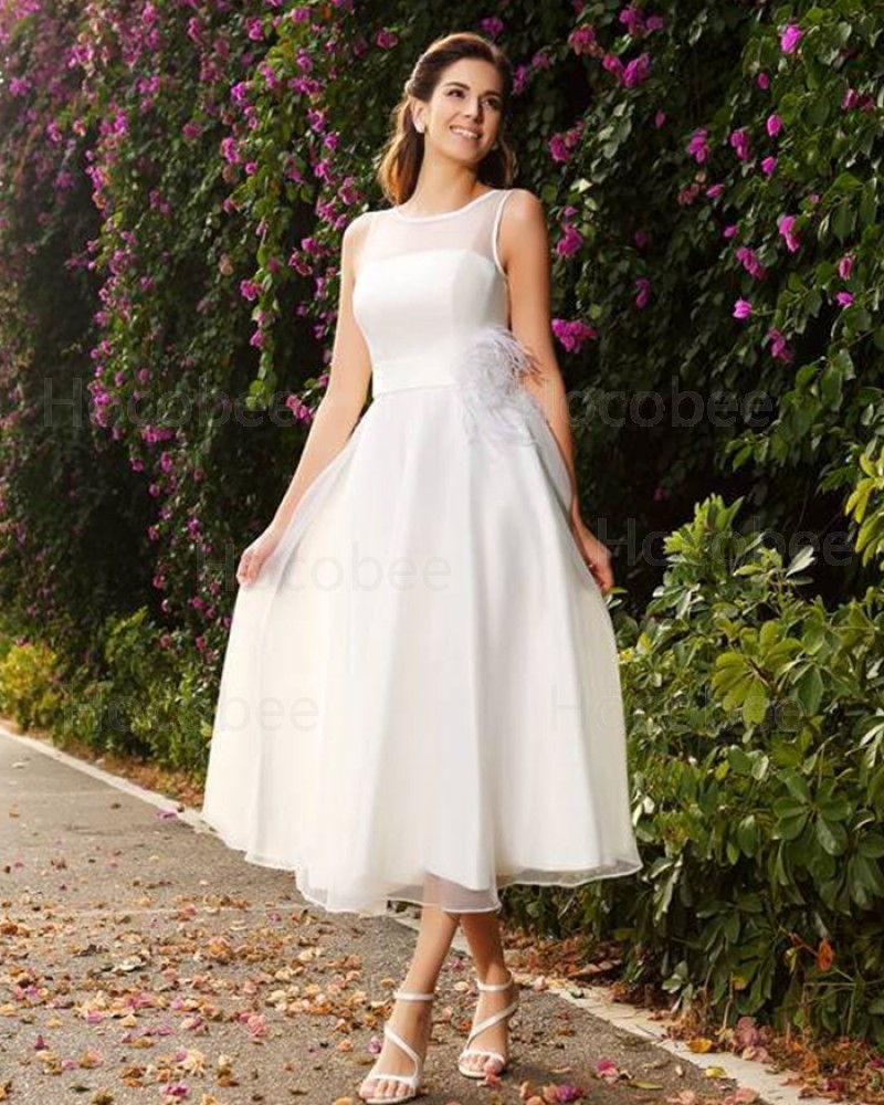 Simple Jewel Ivory Tea Length Tulle Wedding Dress with Sash WD2005