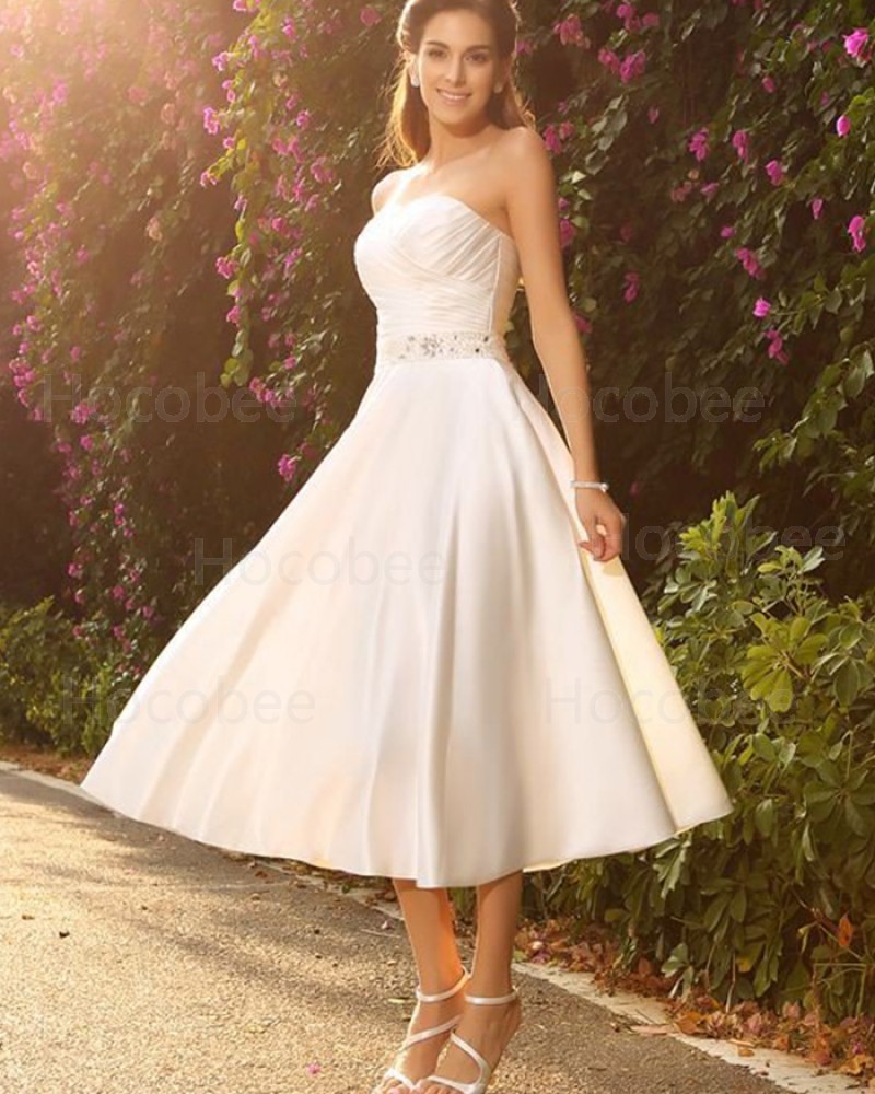 Simple Tea Length Strapless Ivory Ruched Short Wedding Dress with Beading Sash WD2011