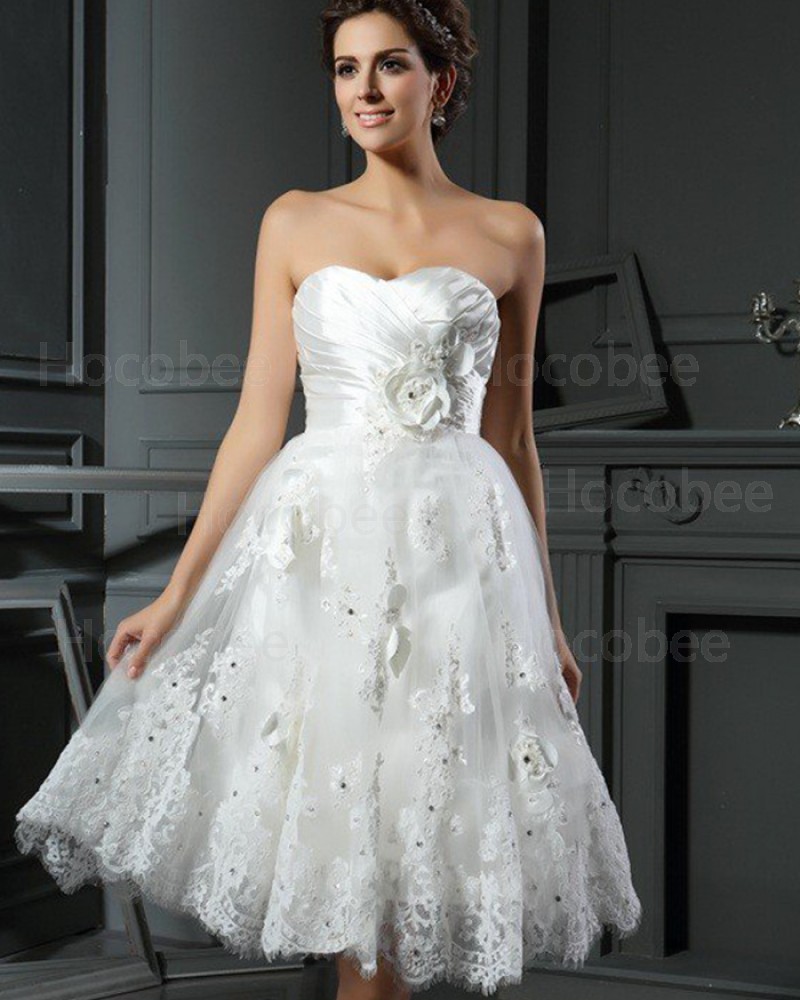 Short Sweetheart Ruched Lace Appliqued Wedding Dress with 3D Flowers WD2014
