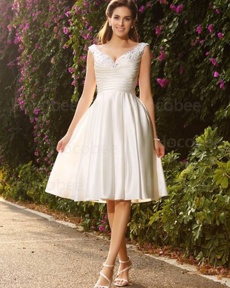 Knee Length V-neck Beading Ruched Satin Ivory Short Wedding Dress WD2016