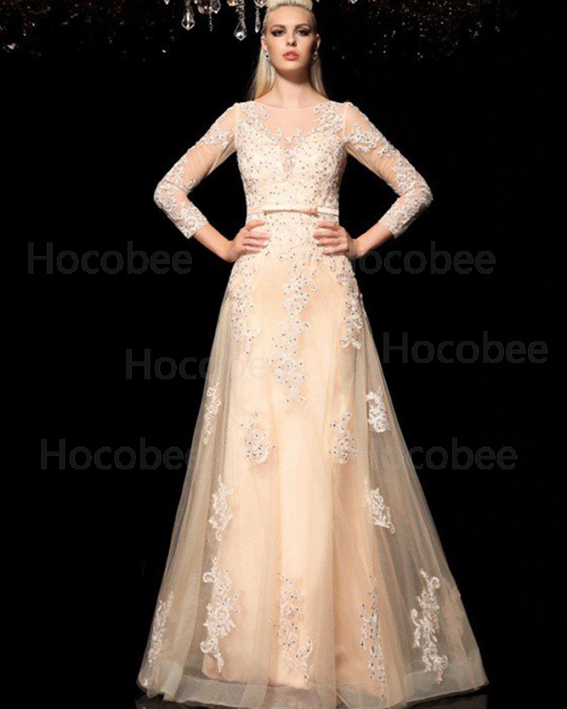 Beading Jewel Champagne Appliqued Wedding Dress with 3/4 Length Sleeves WD2019