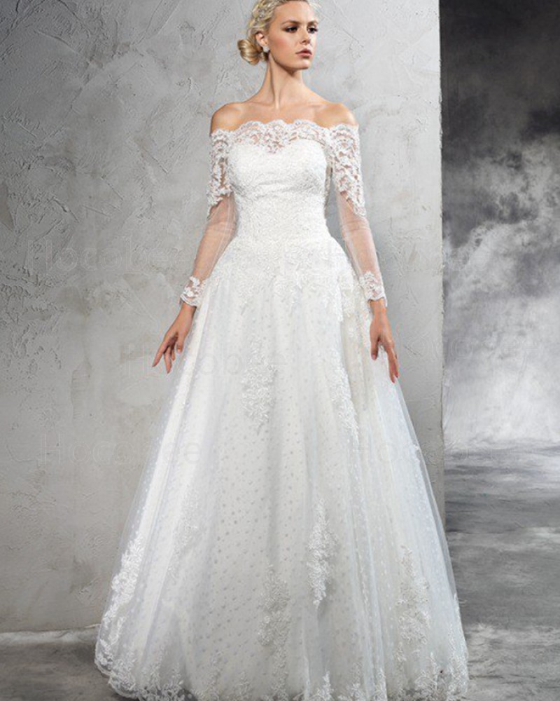 Polka Dot Off the Shoulder Lace Appliqued Wedding Dress with Long Sleeves WD2022