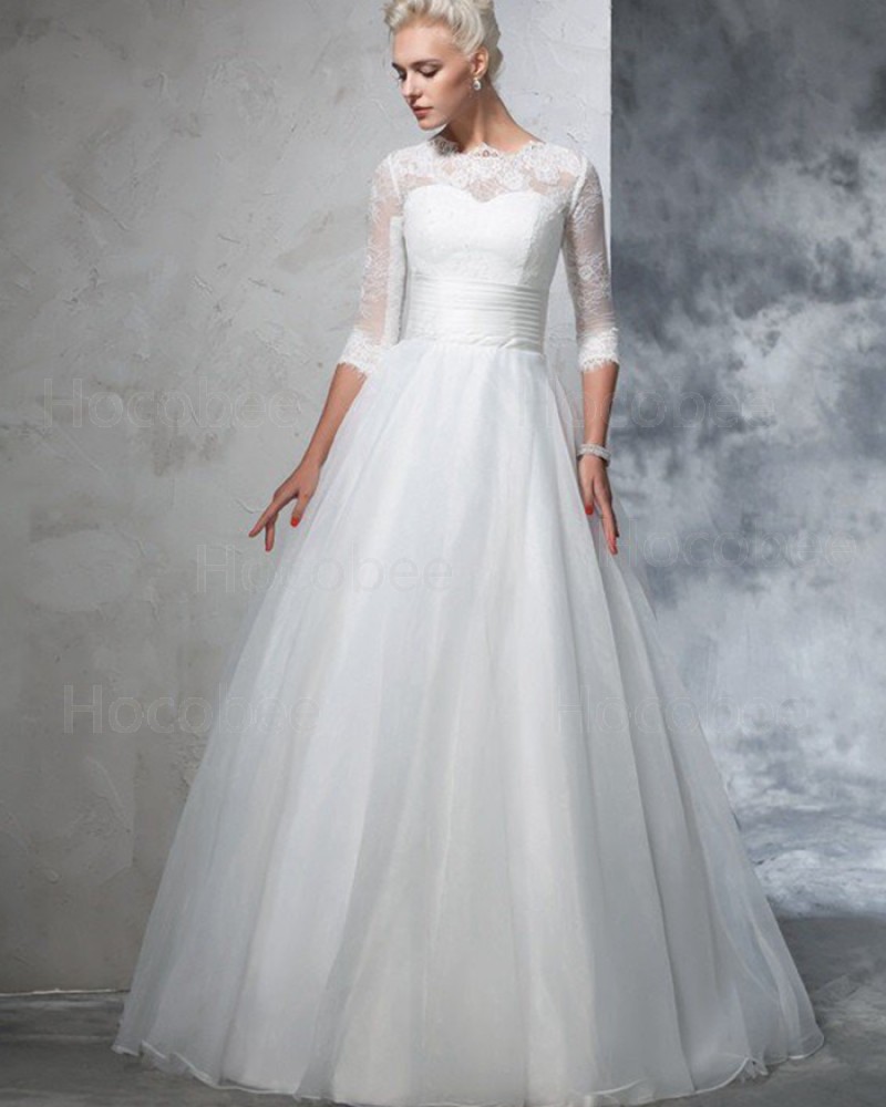 A-line High Neck Lace Bodice White Ruched Tulle Wedding Dress with Half Length Sleeves WD2026