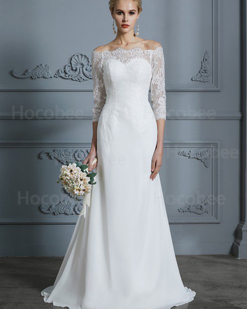 White Off the Shoulder Sheath Lace Appliqued Wedding Dress with Half Length Sleeves WD2028